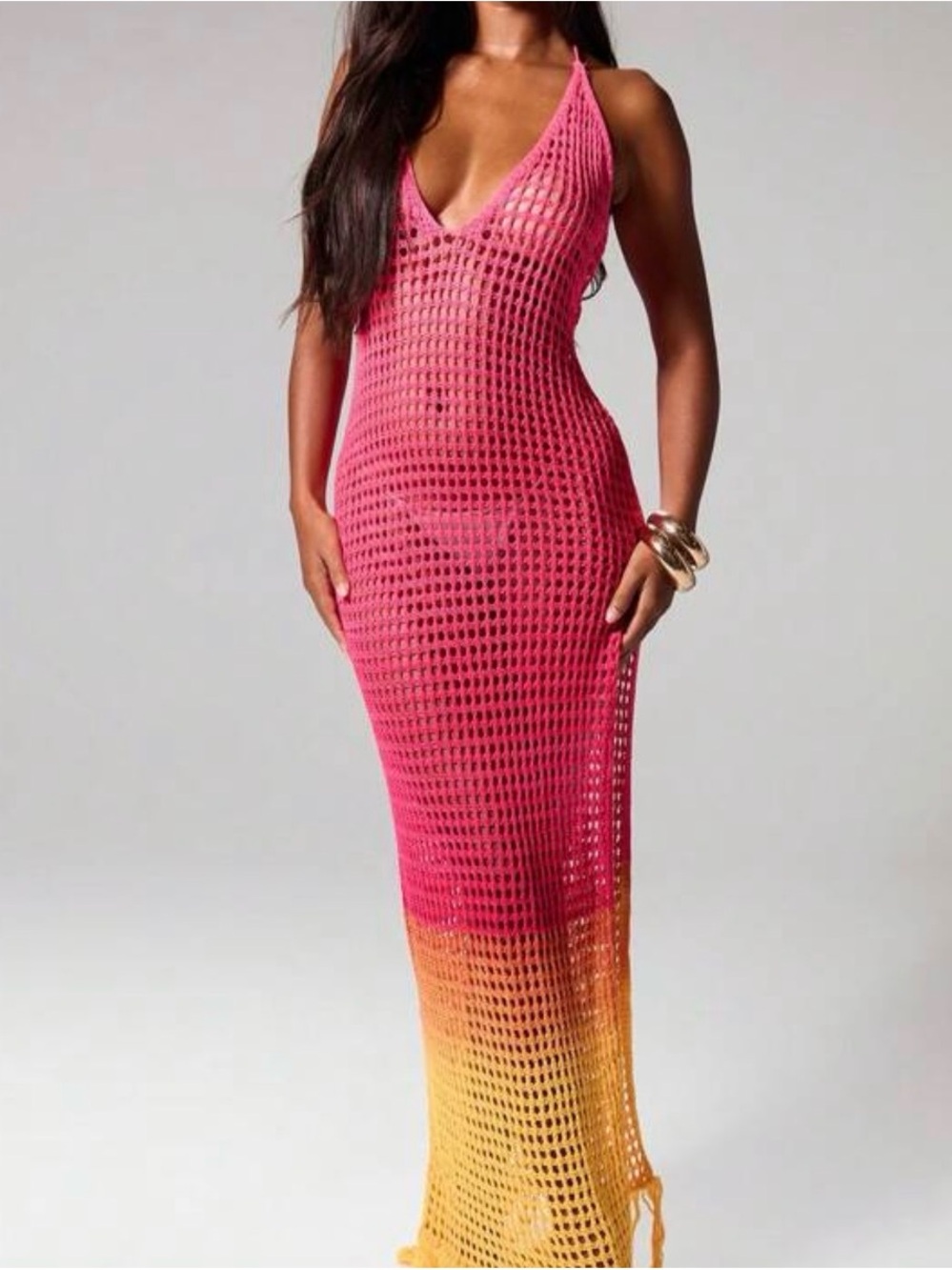 Pink to Yellow Ombre Crochet Maxi swim coverup